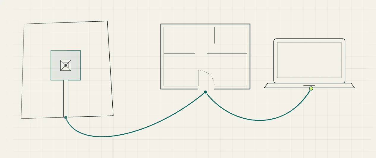 Line drawing of one path running from a tower site to a building plan to a laptop.