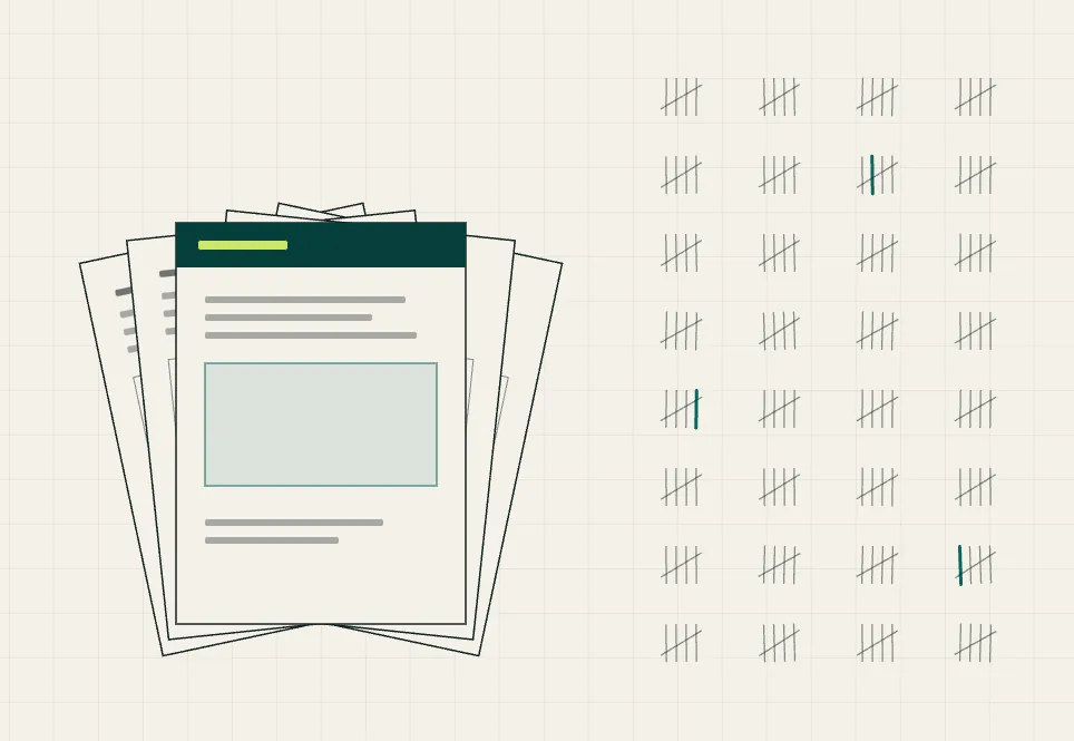 Line drawing of a stack of evidence sheets beside a field of tally marks.