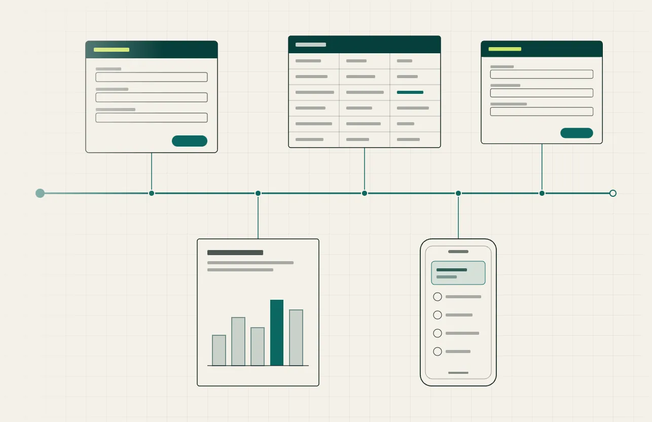 Line drawing of forms, a table, a report and a phone joined by one line.