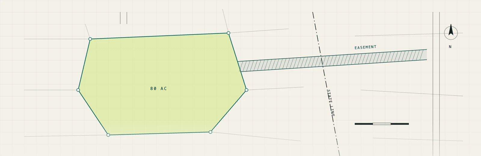 Survey plat of an 80-acre parcel with an easement strip crossing a state line.