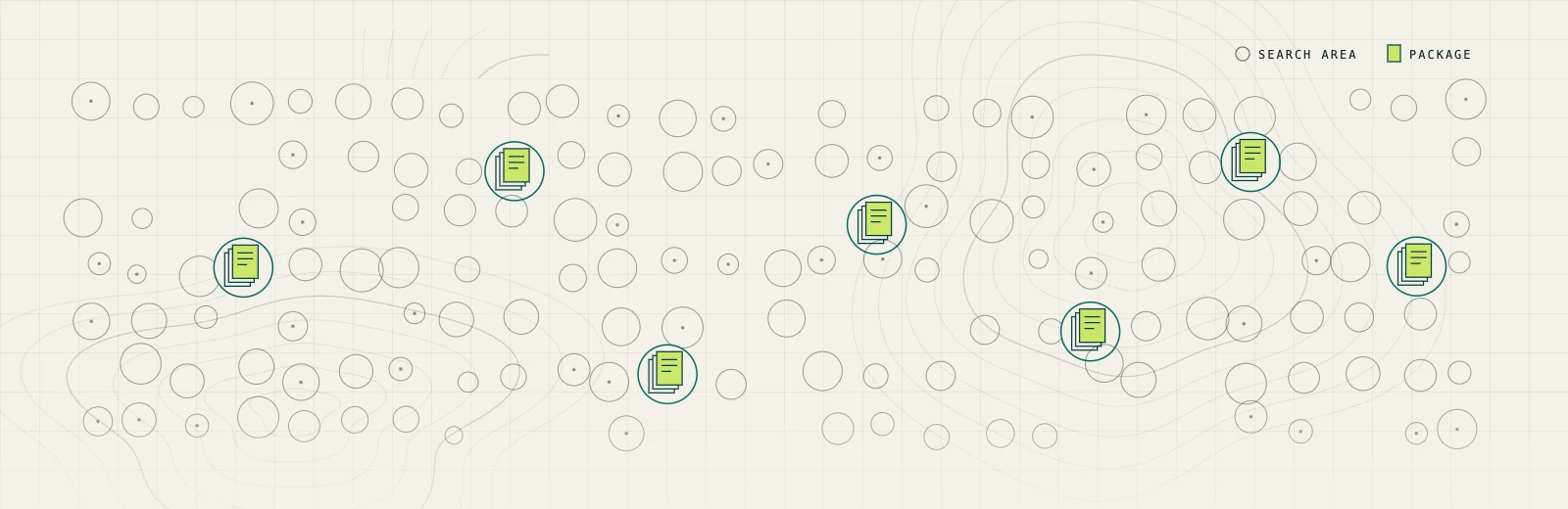 Map plate of search rings, with several resolving into stacks of feasibility packages.