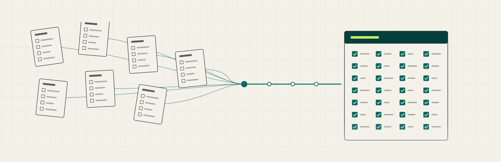 Scattered checklist cards converging into one guided setup path.