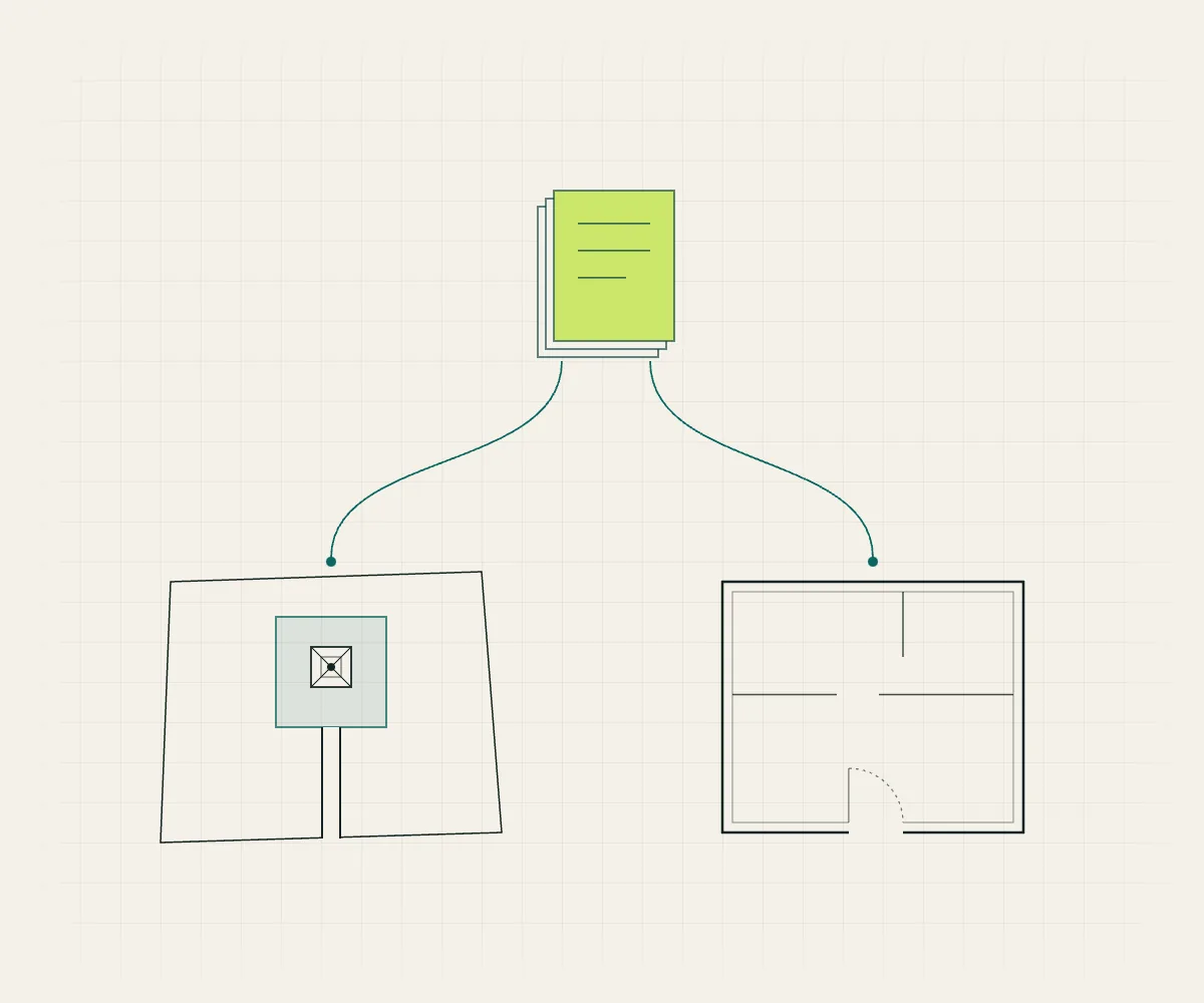 One document stack feeding both a tower site and a building plan.