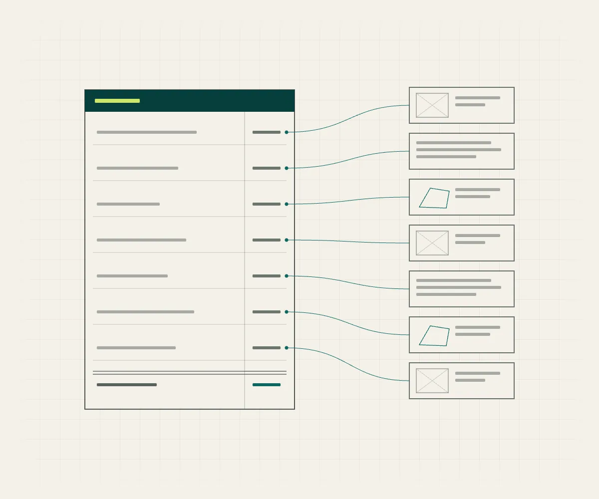 A ledger page with each line tied by a thin leader to its evidence sheet.