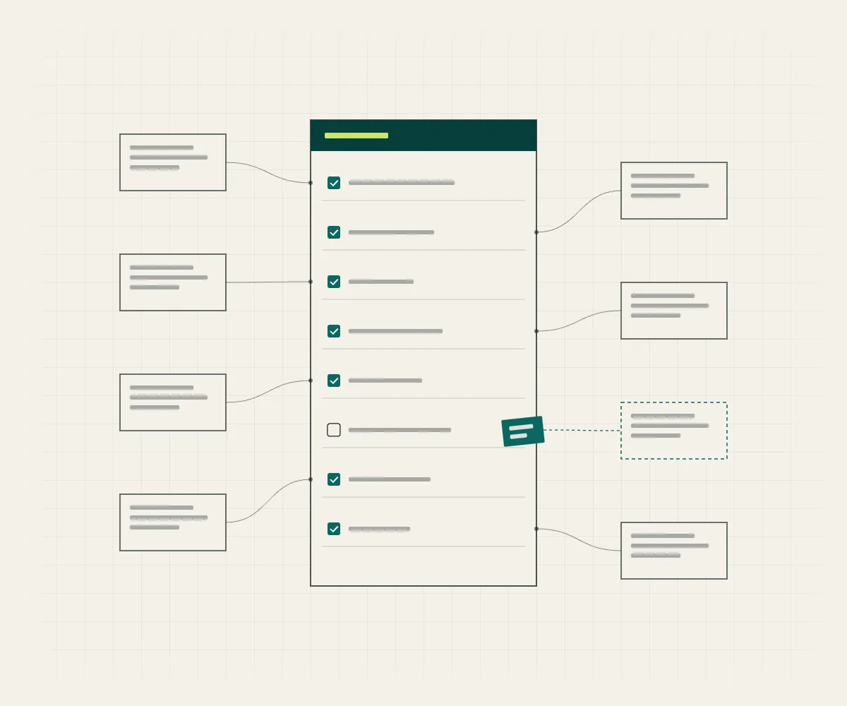 A filing checklist with each row tied to its document, and one row carrying a note instead of a check.