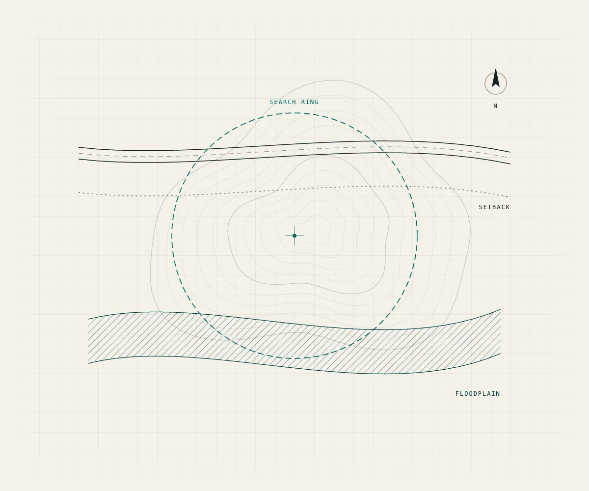 A search ring drawn on a topographic plate, crossed by a road, a setback line and a floodplain.
