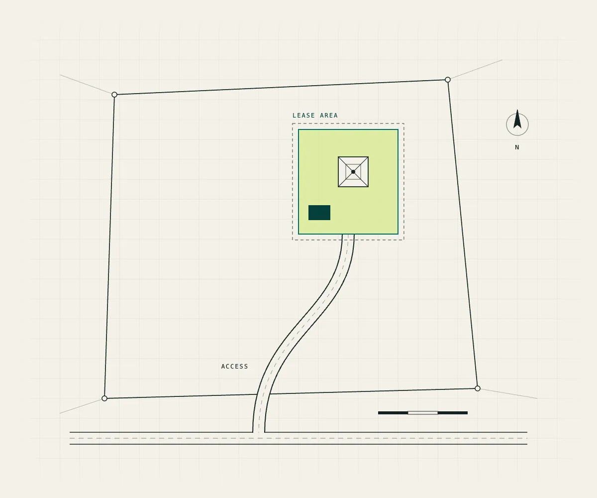 A parcel plat with a lattice tower lease area and its access road.