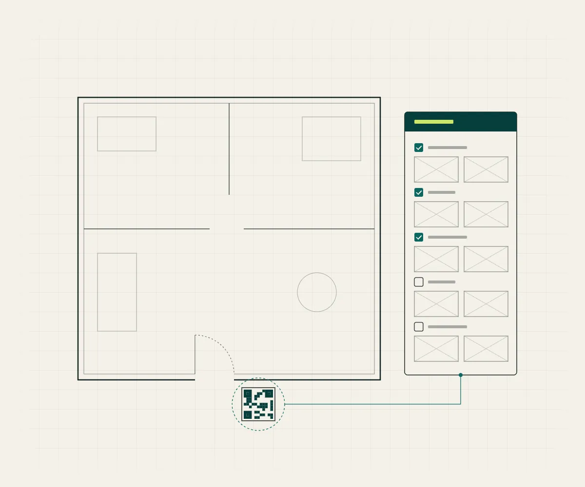 A property plan with a QR plate at the door and an inspection checklist with photo boxes.